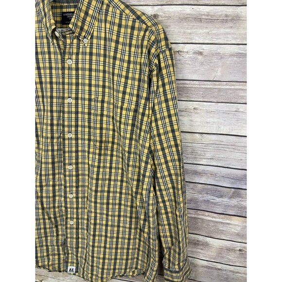 American Eagle Mens Small Button Down Shirt Long Sleeve Plaid Yellow Blue - Picture 3 of 9